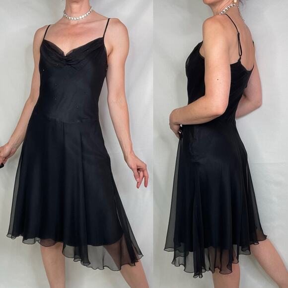 Bebe silk rhinestone beaded slip dress chiffon cocktail midi black ruched bust S - Picture 15 of 15